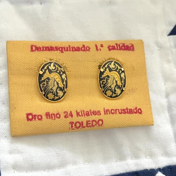 Toledo 24Kt gold encrusted Damascene CLIP ON earrings birds NWT VINTAGE - Picture 3 of 5